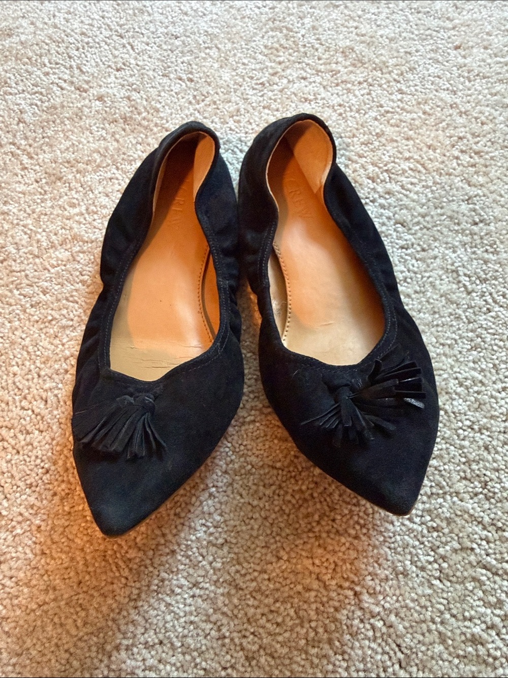 Pointed J CREW Black Suede Tassel Flats for Women